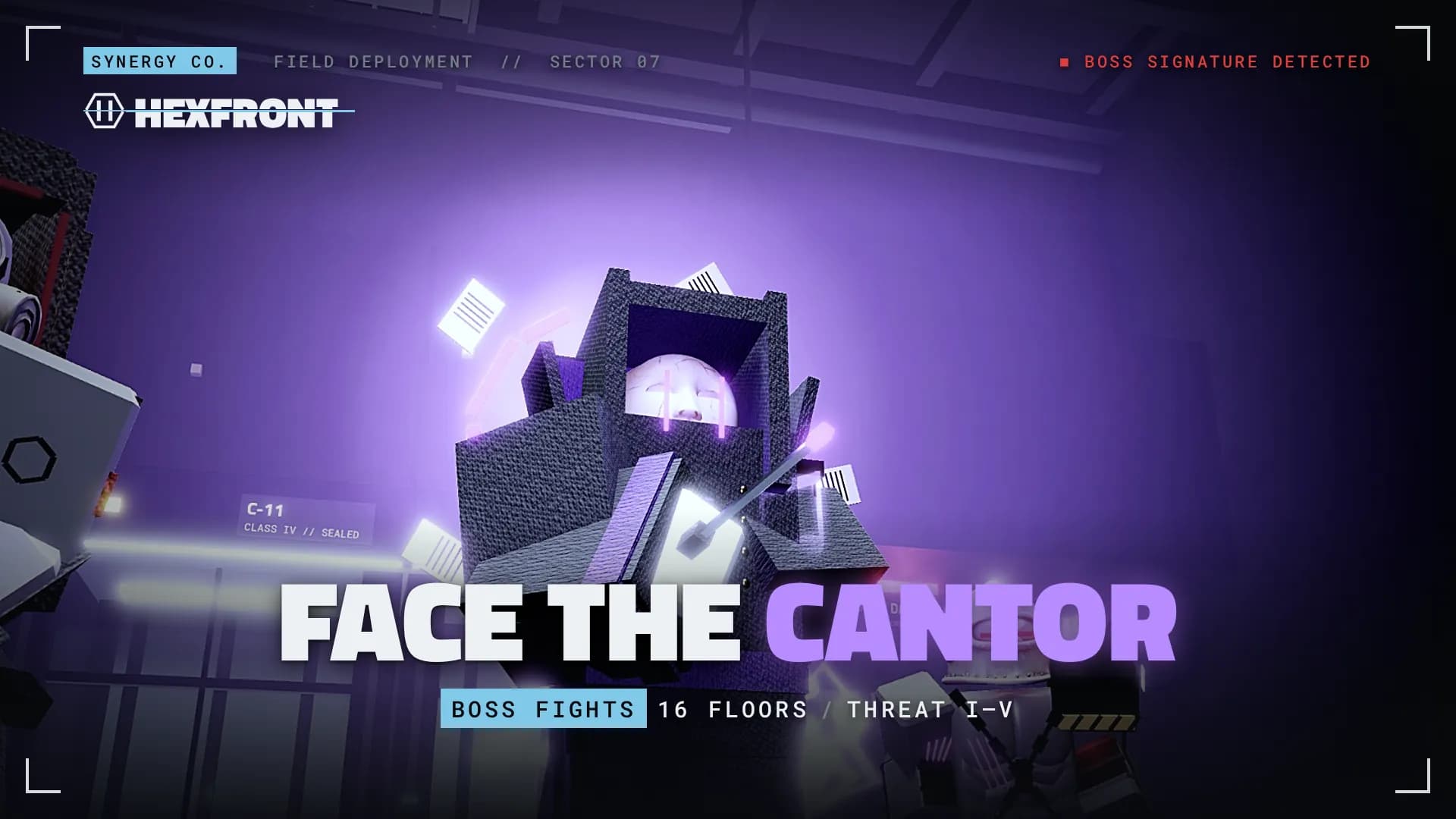 A giant glowing purple boss called the Cantor looming over a lab floor, captioned “Face the Cantor: boss fights, 16 floors, threat I to V”.