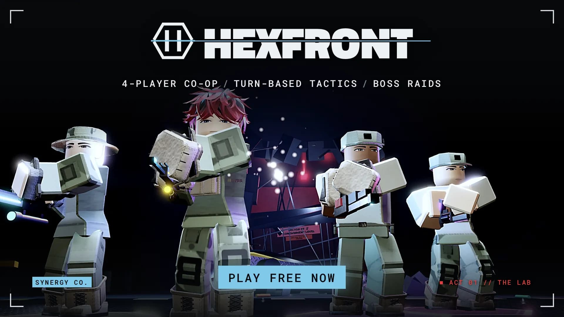 HEXFRONT key art: four operators in tactical gear ready for battle, with the game logo and the line “4-player co-op, turn-based tactics, boss raids”.